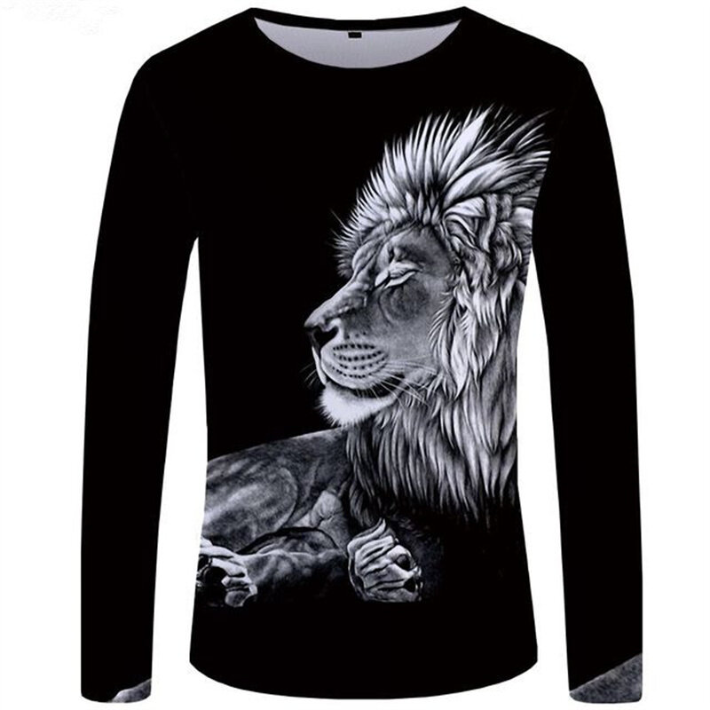 Outono nova manga longa t-camisa masculina 3d animal leão impresso espaço t camisa em torno do pescoço homem moda hip hop roupas topos t