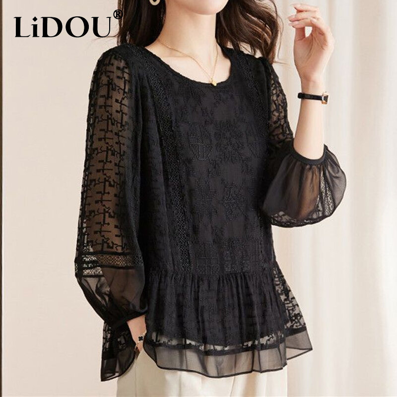 2023 Spring Summer New Solid Color Round Neck Lantern Sleeve Sheer Shirt Women Embroidered Patchwork Lace All-match Pullovers
