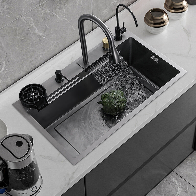 Modern Nanometer Sink Kitchen 304 Stainless Steel Waterfall Kitchen Sink with Waterfall Faucet with