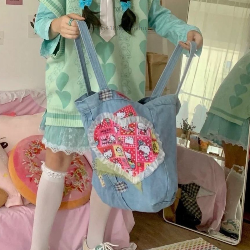Y2k винтажные джинсовые сумки Sanrio, вместительная сумка-мессенджер через плечо Hello Kitty, женская модная повседневная сумка-тоут для покупок для девушек