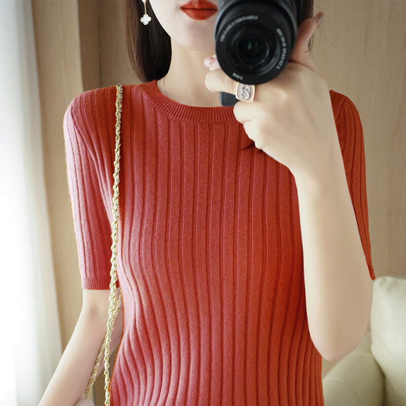 Camiseta suelta de manga corta para mujer, suéter interior, camisa de fondo, Top de media manga corta de punto de lana fina, 22