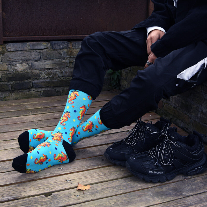 New seahorse lionfish animal series medium and long tube men's socks personality trend men's socks shark socks