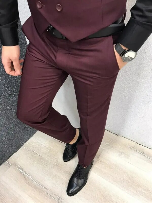 Klasyczne garnitury męskie moda Slim Fit 3 sztuka smoking ślubny człowiek bordowy formalne Groom formalna odzież Prom blezer na imprezę garnitury zestaw