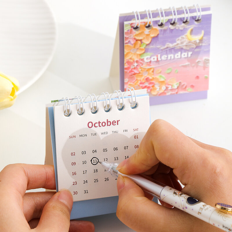 1 Pc 2023 Mini Landscape Painting Flower Planner Calendar Creative Desk Decoration Calendar Student School Office Decor