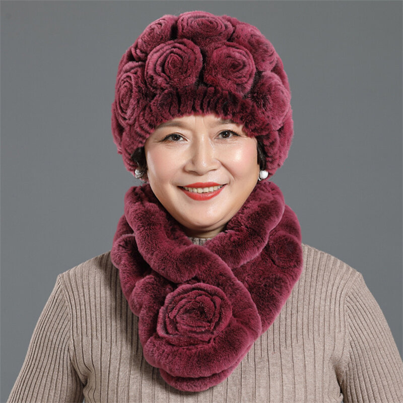 Winter Rabbit Fur NewHot Sale Ladies Fashion Hat Scarf Complete Set Double Layer Thickening Warm Knit Hat Free Shipping