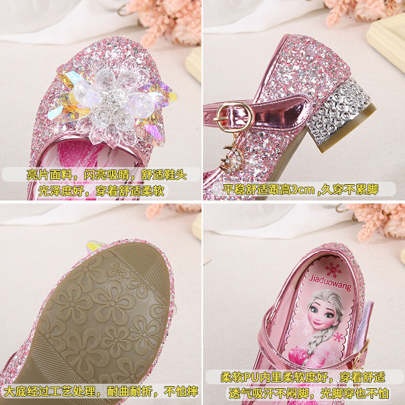Sandales en cuir à talons hauts pour enfants, sandales de princesse Disney Anna Elsa, chaussures en cristal pour petites filles