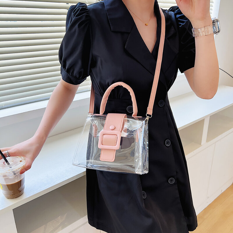 패션 여성 PVC 투명 어깨 메신저 가방 여름 지우기 디자이너 핸드백 여성 캔디 컬러 간단한 토트 백