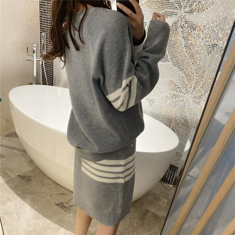 Autumn and Winter New TB Korean Style Four Stripes Waffle Stripe Wool Knitted Sweater Pullover Skirt Suit Two-piece Set