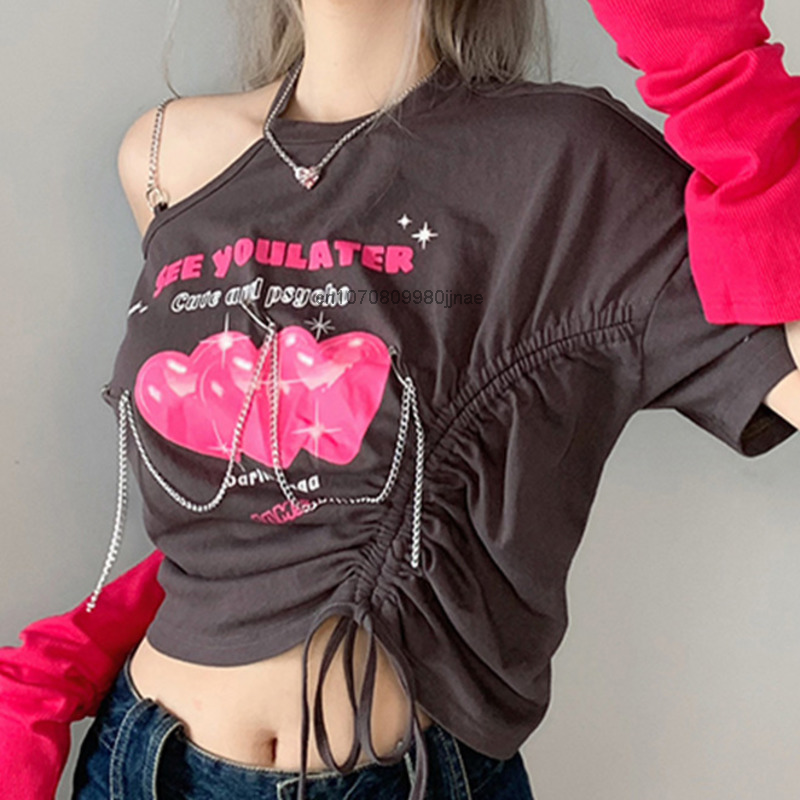 Moda lato Streetwear Y2k ubrania topy dziewczyna Hip Hop główna ulica Sexy T Shirrt kobiety Harajuku sznurkiem projekt gotyckie koszule