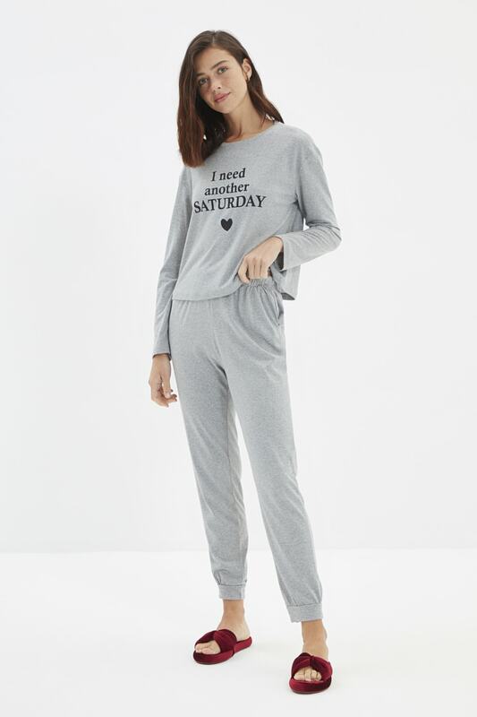 Trendyol slogan impresso pijamas de malha conjunto thmaw22pt1140
