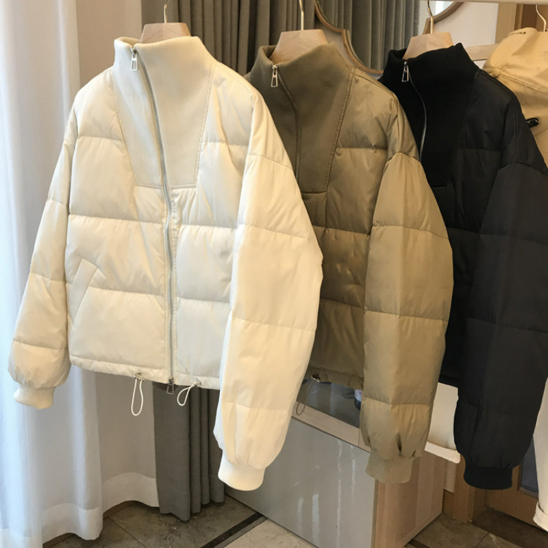 90% 화이트 덕 다운 니트 스탠드 칼라 짧은 재킷 여성용, 가벼운 제로 압력 카키색 가벼운 얇은 의류 겨울 코트
