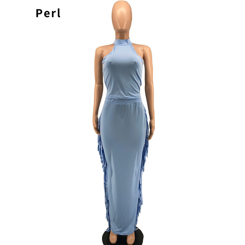 Perl Halter Tank Crop Top+tassel Long Skirt Suit Fashion Two Pieces Set Women Outfit Matching Skirt Sets Female Summer Clothes