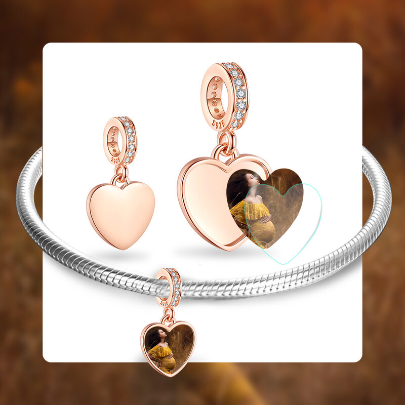 Moda foto personalizado encantos 925 prata esterlina clássico mãe amor coração grânulo caber pulseira original para as mulheres diy jóias fazendo
