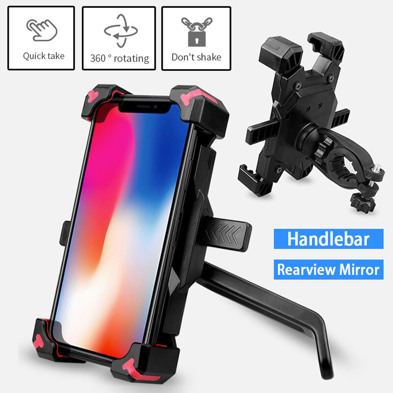 Motorcycle Bike Bicycle Mobile Cell Phone Holder Mount Handlebar Rearview Mirror 3.5-6.8 Inches Shock Protection