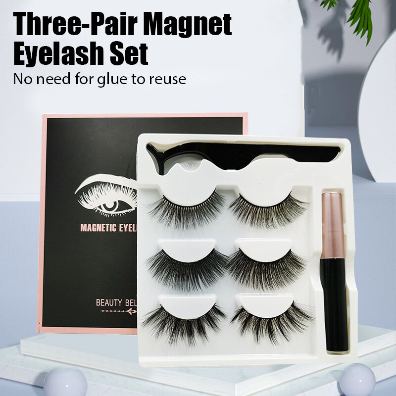 New! 3Pairs Magnetic Eyelashes False Lashes Repeated Use Eyelashes Waterproof Free Liquid Eyeliner With Tweezer Makeup Set