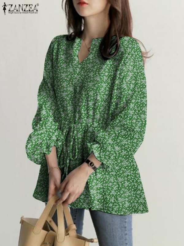 ZANZEA-Blusa de manga larga con cuello en V para mujer, camisa con estampado Floral para fiesta, estilo bohemio, para otoño