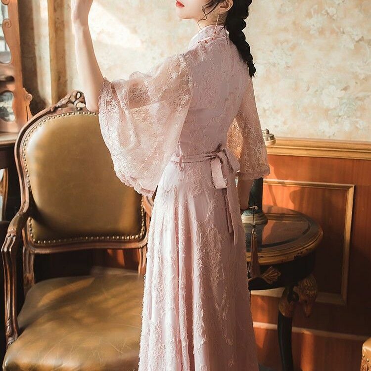Ulepszona qipao damska sukienka klasyczne koronki cheongsam orientalna sukienka slim casualowa qipao codziennie elegancka luźny rękaw szyfonowa cheongsam