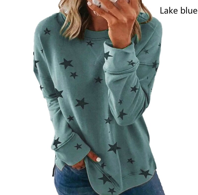 Moda damska jesień wokół szyi nadruk gwiazdy koszula Casual tunika na długi rękaw koszulki bluzka XS-5XL