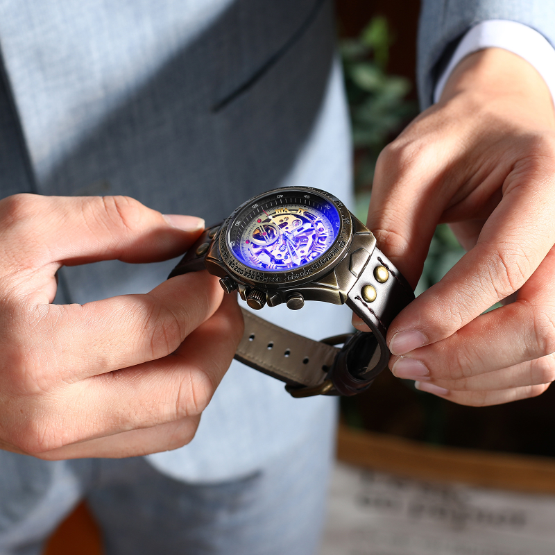 الرجال الميكانيكية ساعة معصم مع حزام من الجلد الأسود الفاخرة موضة الهيكل العظمي ساعة ميكانيكية للأعمال relógio