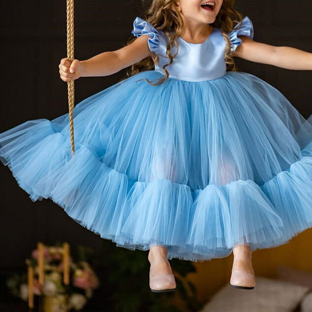 فساتين بأكمام على شكل حرف o بلون أزرق بسيط على شكل زهور للفتيات فستان حفلة عيد ميلاد مطوي للأميرة Vestidos بسيط جميل للأطفال