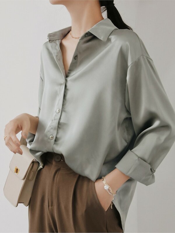 女性のためのヴィンテージサテンの長袖シャツ,エレガントなシングルブレストシャツ,ルーズフィット,秋冬,2021