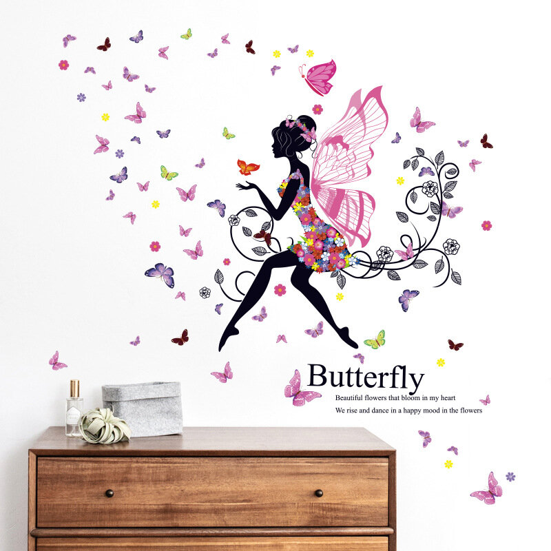 Papel tapiz autoadhesivo con dibujos animados, pegatina decorativa para pared, bonito dibujo de mariposa, flor, elfo, chica volando, dormitorio, porche, fondo