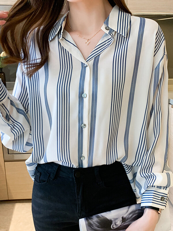 Chiffon camisa feminina vintage listrado camisa da senhora preguiçoso estilo manga longa botões até camisa fina blusas mujer 2022 primavera verão