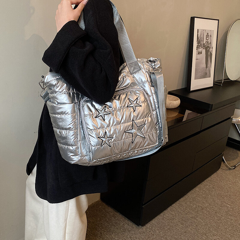 Large Capacity Puffy Shoulder Bag For Women 2023 Winter New Handbag Silver Space Cotton Tote Bag Female Travel Crossbody Bags