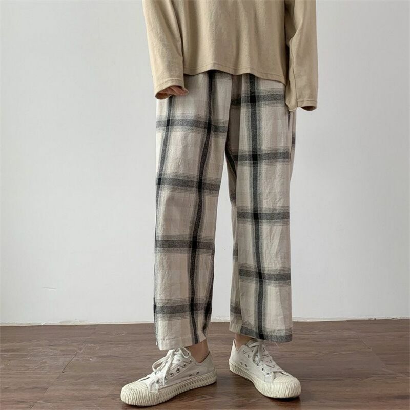 Calças xadrez verão moda solta japonês perna larga calças oversize casual retro vintage straight streetwear harajuku skate