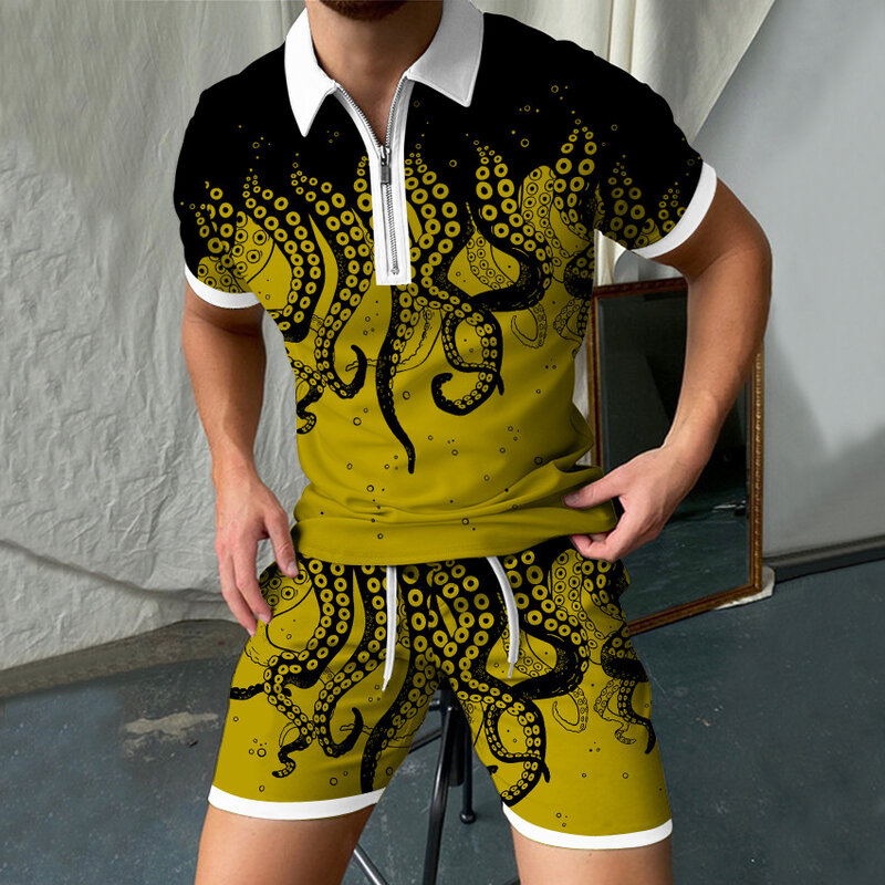 Setelan Polo Pria Set Fashion Pria Pakaian Jalanan Gambar 3D Kaus POLO Lengan Pendek Leher-v & Celana Pendek Setelan Kasual Pria Dua Potong 2022