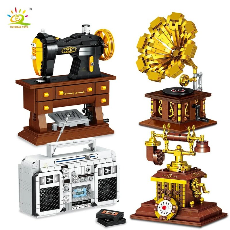 HUIQIBAO-Mini cámara Digital clásica, fonógrafo Vintage, Radio, creatividad, modelo, Micro bloque de construcción, máquina Retro DIY, ladrillos, juguete