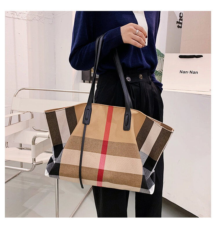 Large Capacity Cotton Fabric Plaid Casual Tote Bags for Women Luxury Brand Fashion Shoulder Bag Handbags Designer Bolsos Sac New