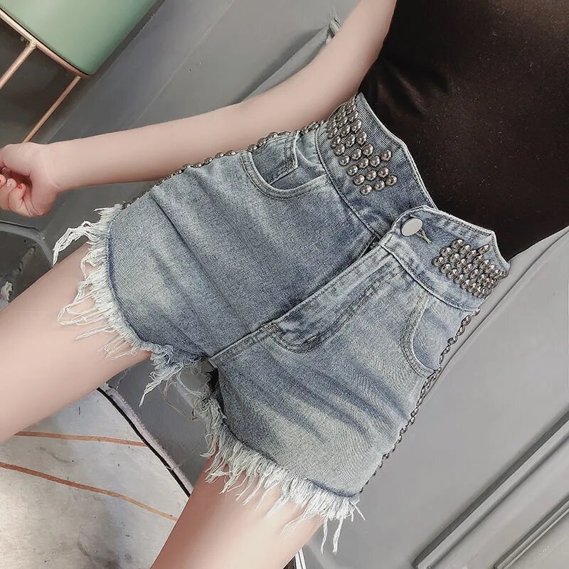 2022 primavera verão coreano moda feminina quente roupas rebite cintura alta magro denim shorts harajuku rasgado jeans roupas de rua