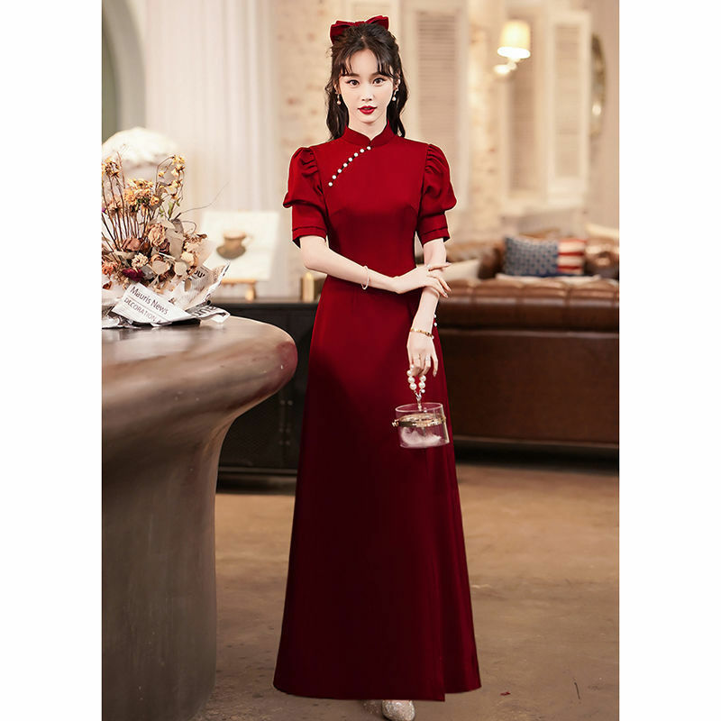 2022 estilo explosão de verão-chinês retro mulheres brinde/noiva/casamento noivado vinho vermelho magro cheongsam vestido