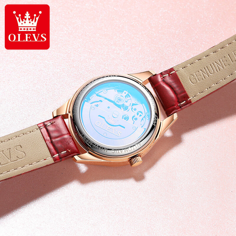 OLEVS Corium Strap orologi meccanici automatici per donna moda impermeabile orologio da polso da donna completamente automatico calendario luminoso