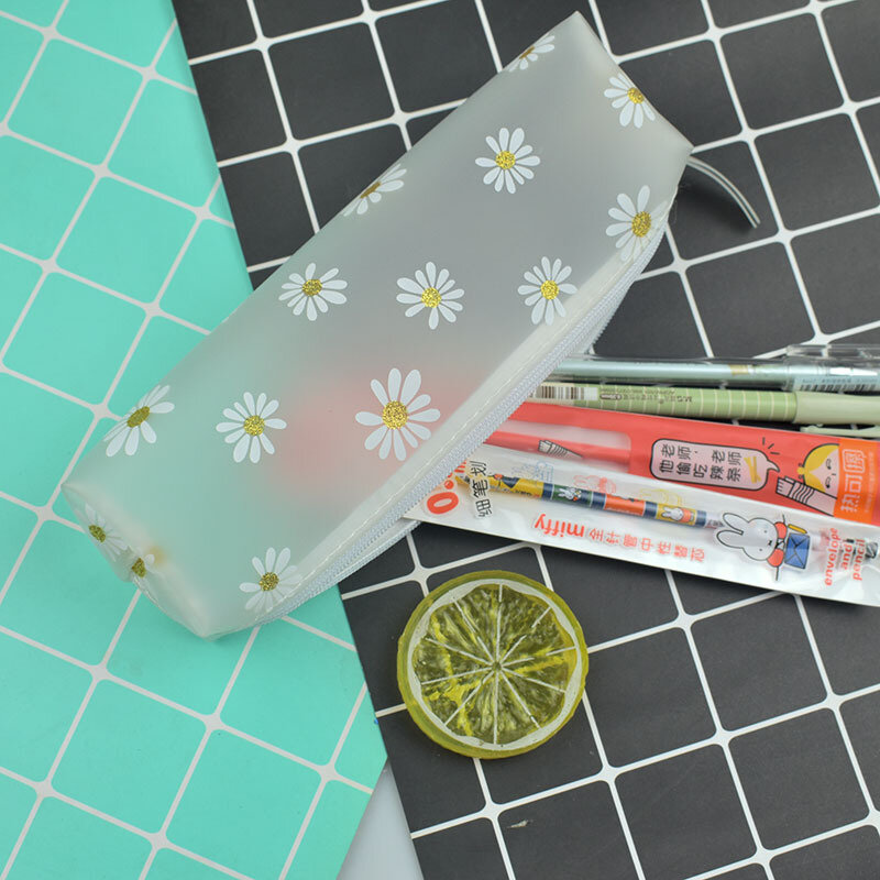 Girl Korean Version Of Small Fresh And Simple Net Red Daisy Transparent Cartoon Student Pencil Case Stationery Bag Cute Pouch