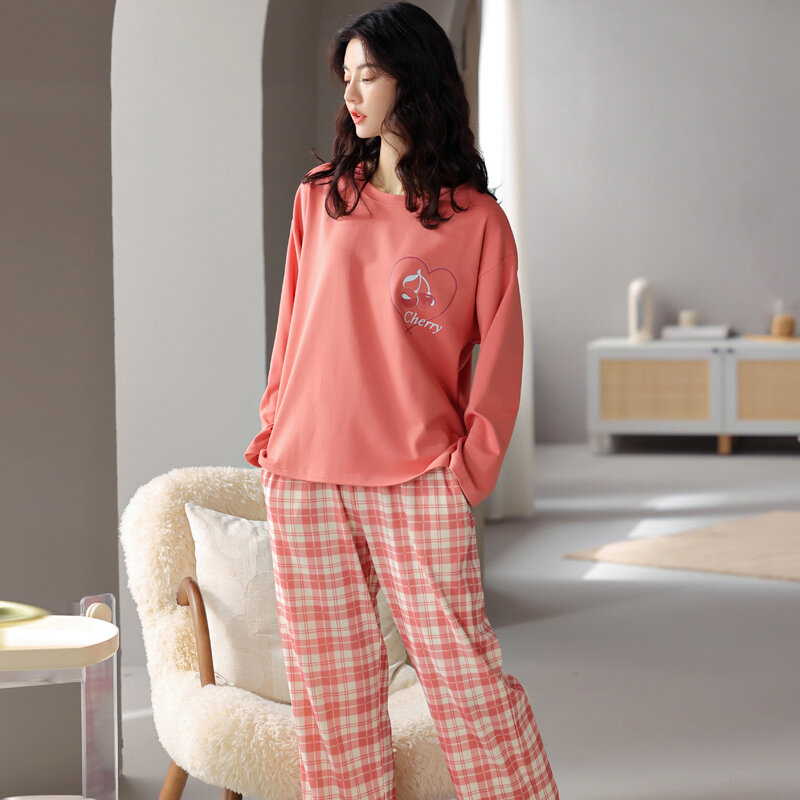 Mijiow-女性用の市松模様の綿のパジャマ,長袖,冬と秋のパンツ
