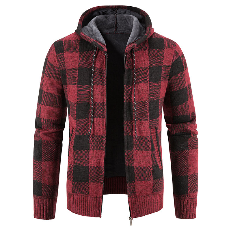 Men's New Plaid Hooded Sweater Autumn and Winter Fleece Thickened Warm Wool Sweater Zipper Jacket Fashion Casual Men's Clothing