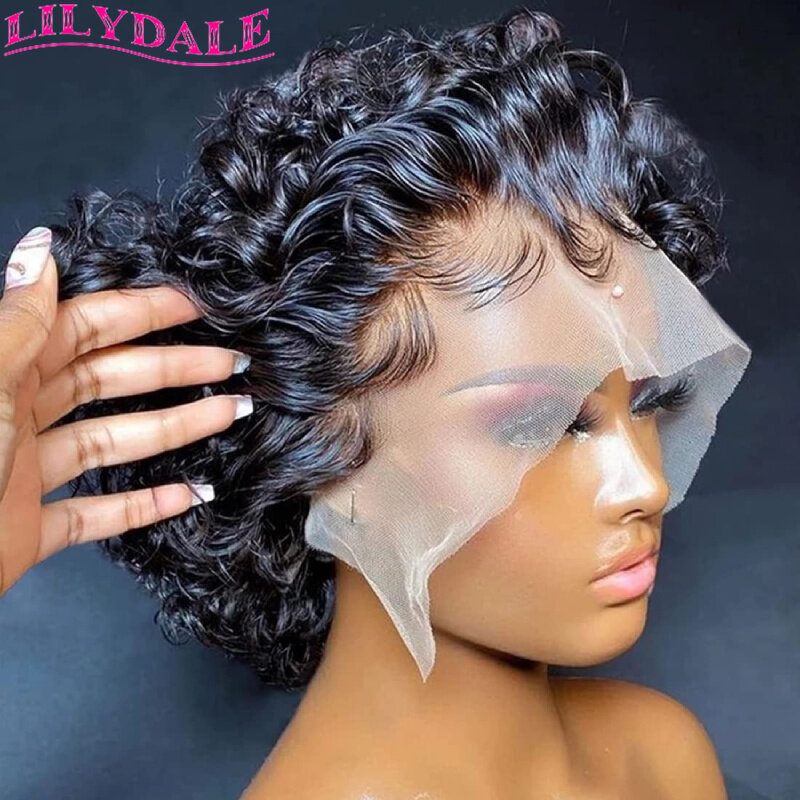 Wig Depan Renda Keriting Pendek Rambut Utama 13X1 Wig Potongan Pixie 6 Inci untuk Wanita Kulit Hitam Wig Depan Renda HD Brasil Remy Rambut Manusia