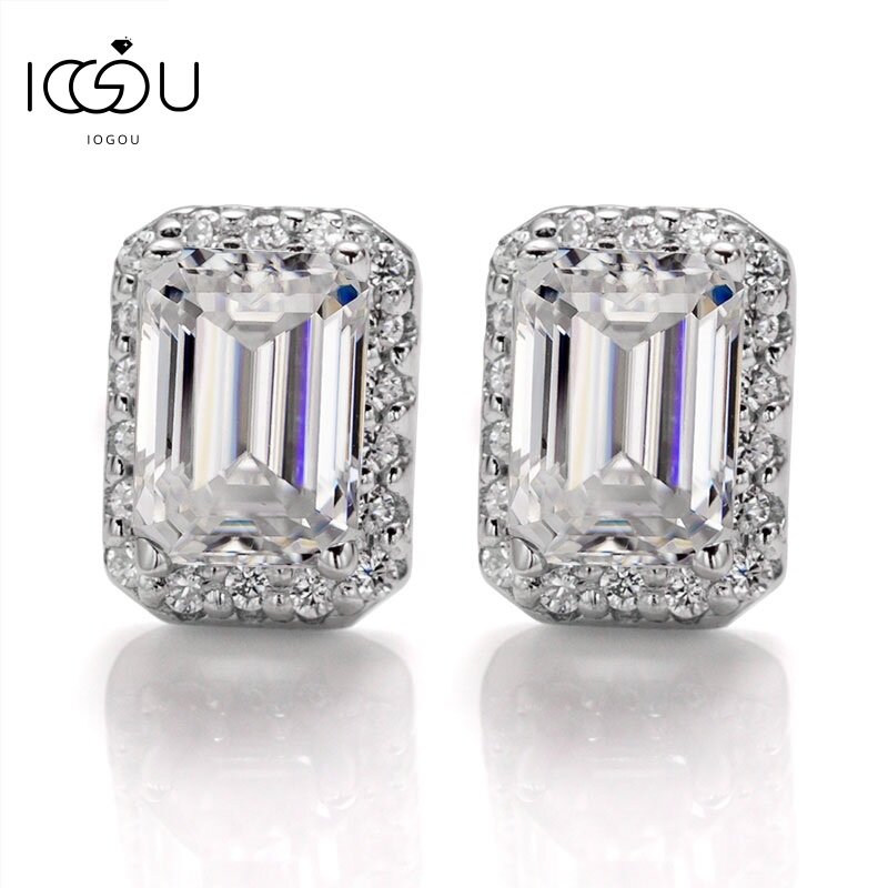 IOGOU Classic Stud Earrings for Women 4x5.5mm D-E Color 0.5ct Emerald Cut Halo Moissanite Earrings Sterling Silver Jewelry Gifts