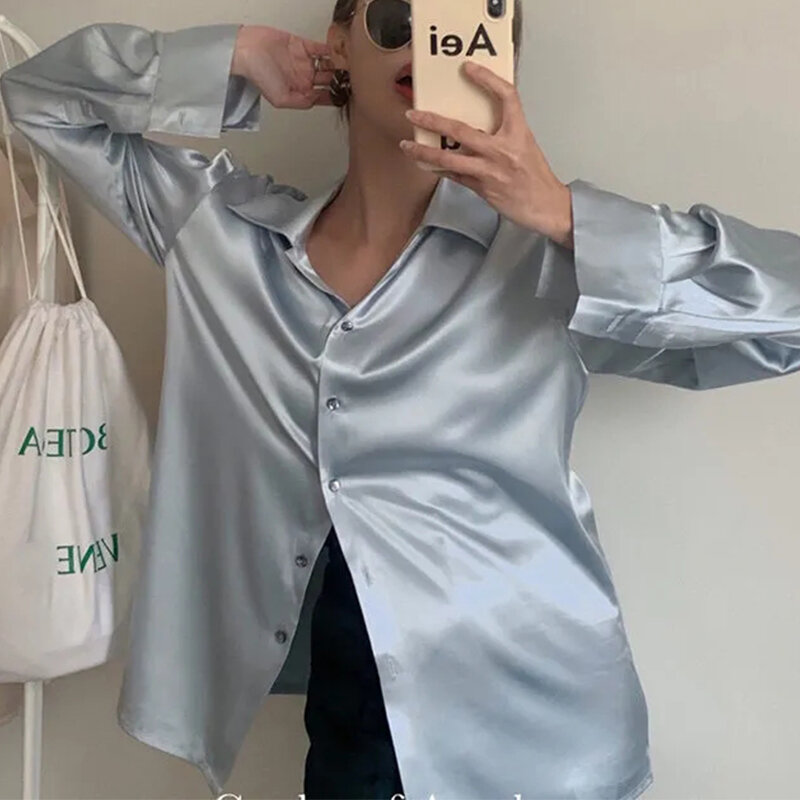 Moda z długim rękawem satynowa koszula damska luźne rocznika rozpinany sweter kobieta wiosna proste stałe pojedyncze piersi Top panie 2022