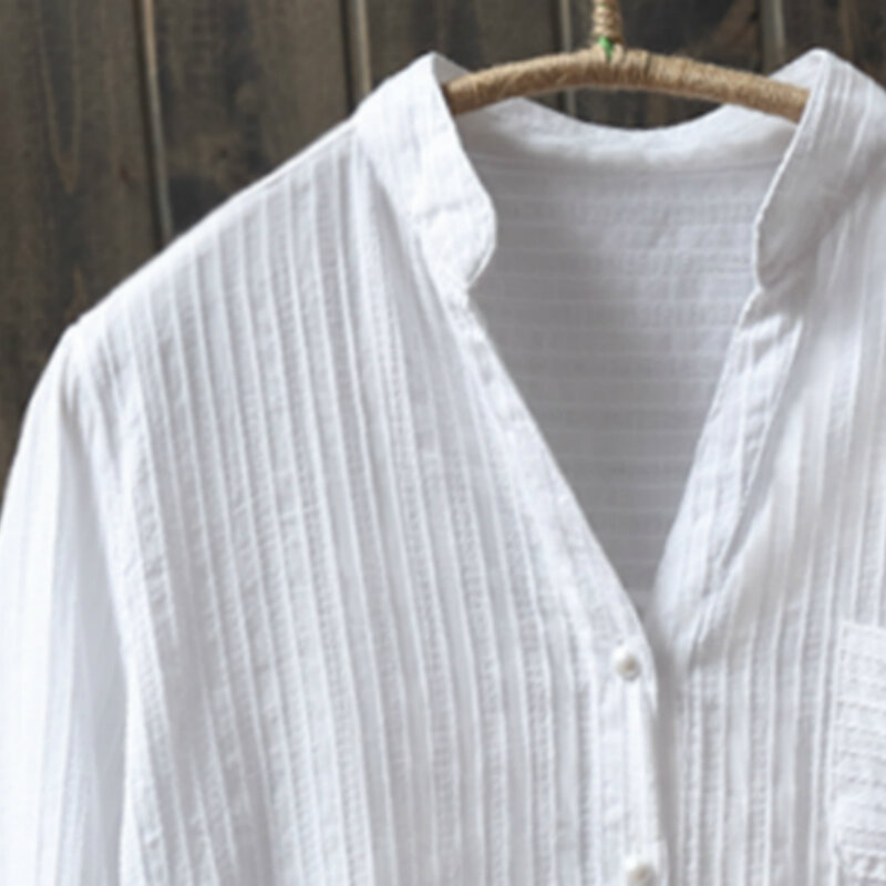 100% Katoen Womem Witte Shirts 2020 Zomer Nieuwe V-hals Casual Lange Mouwen Office Lady Wit Shirts Tops Top Kwaliteit