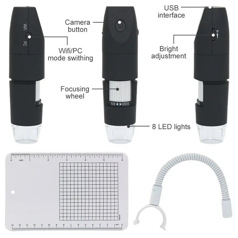 Microscopio Digital LED con Wifi para teléfono móvil, dispositivo electrónico de mano con soporte Flexible, cámara de inspección, 1000X