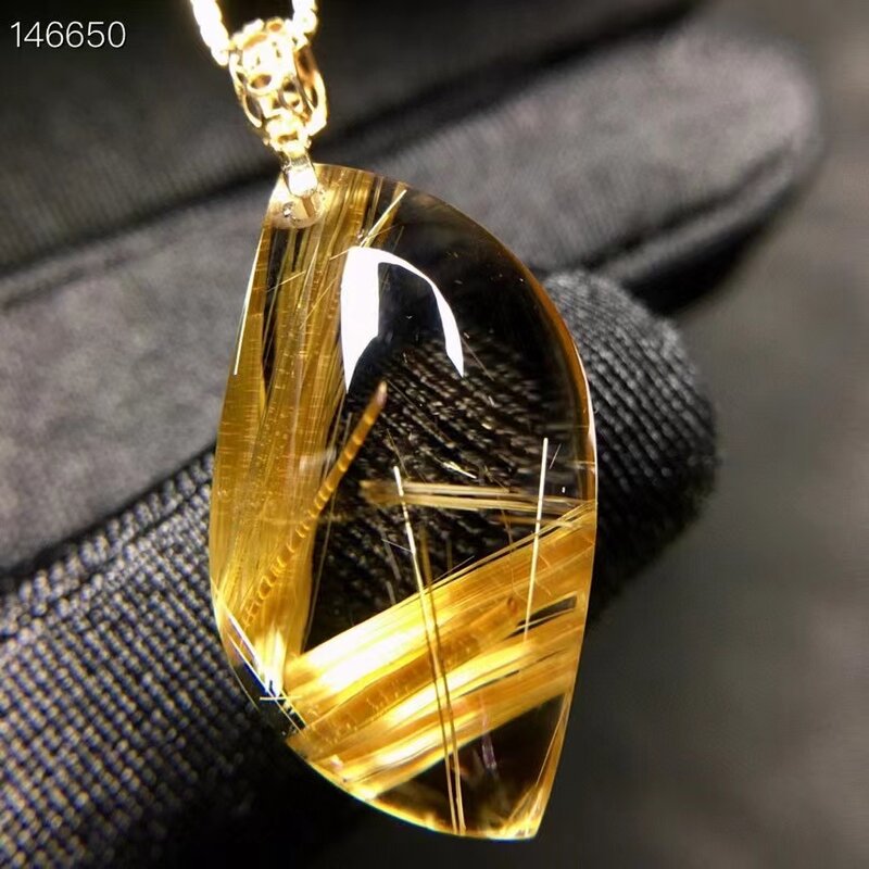 Ожерелье из натурального золота с кулоном из рутилированного кварца, 23,8*13*8,5 мм, Бразильское золото 18 карат, цилиндрическая капля воды, ювели...