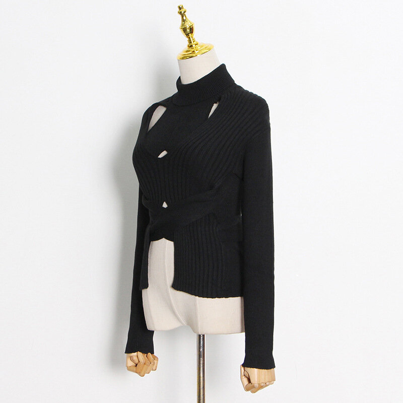 여성용 불규칙 할로우 하이넥 쇼트 슬림 스웨터, 2022 봄 신상품 단색