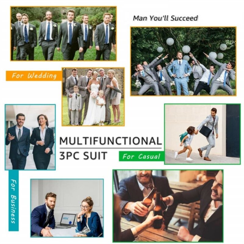 Men's Slim Fit Solid Wedding Suit 3 Pieces Set One Button Jacket Vest Pants Formal Dress Prom Tuxedo Business Clothing For Man