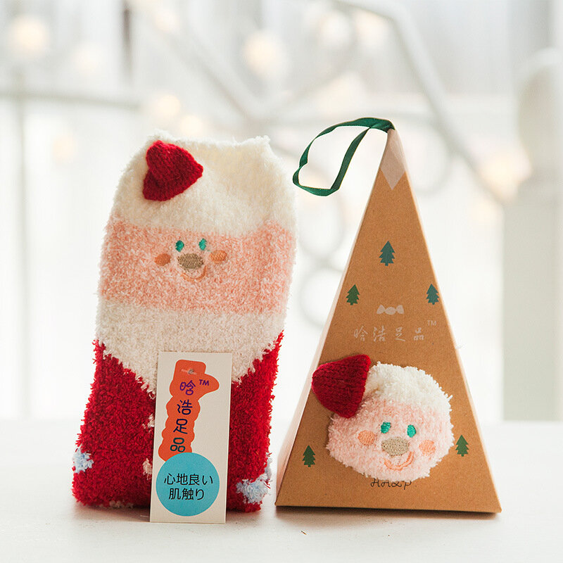 Cute Animal Design Deer Christmas socks Gift 3D Fluffy Coral Velvet Thick Warm Winter Sock per le donne regalo di capodanno Sox con scatola