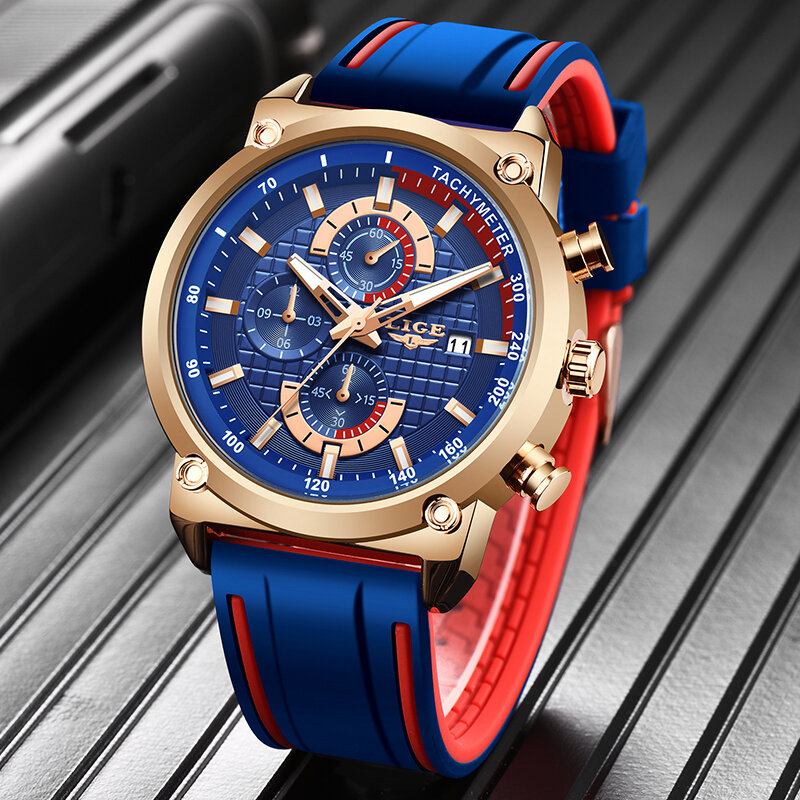 LIGE 남성용 실리콘 크로노그래프 손목시계, 명품 스포츠 쿼츠 시계, 탑 브랜드, 신제품