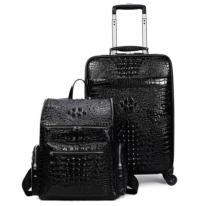 100% viagem de couro real bagagem com bolsa cabeça dos homens roda universal crocodilo padrão mala 20 polegada embarque caso