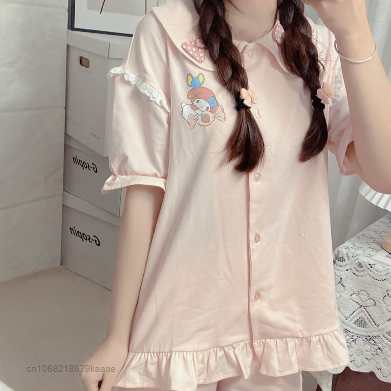 Sanrio melodia różowy letnie ubrania Homewear 2 sztuka zestaw kobiety komplet piżamy Y2k bluzki z krótkim rękawem sweter szorty urocza bielizna nocna